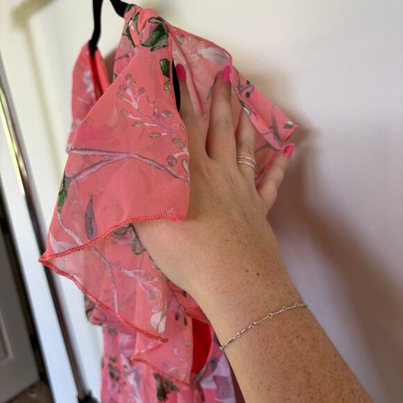 Vintage Y2K Fairy Pink Floral Midi Dress Cowl Neck Flutter Sleeve Ethereal 18 - Picture 7 of 11